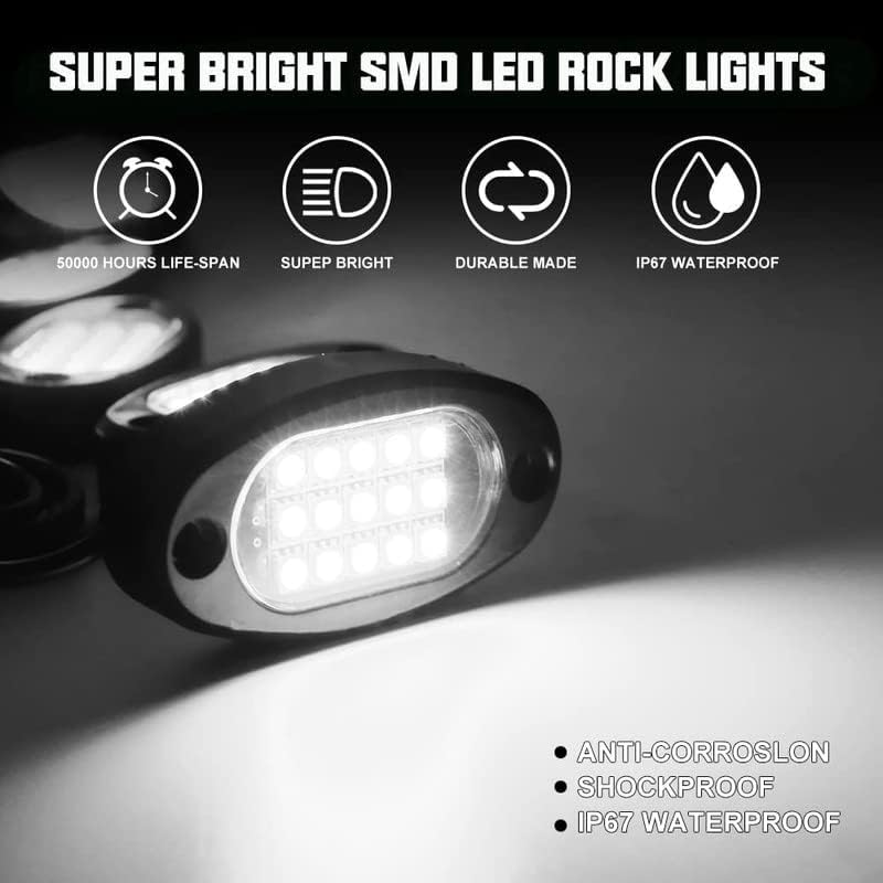 Winunite 8 Pods Quick Connect White Rock Lights, 4M Extension Wires Each Light, 15 SMD Chips, High Adhesive Stickers, 6000K Pure White, IP67 Waterproof, Compatible with Trucks Trailer SUV ATV UTV - Image 2